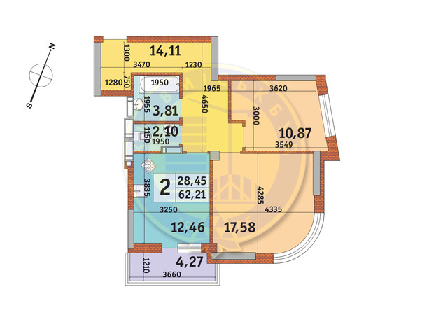ЖК Урловский-2: планировка 2-комнатной квартиры 62.21 м²