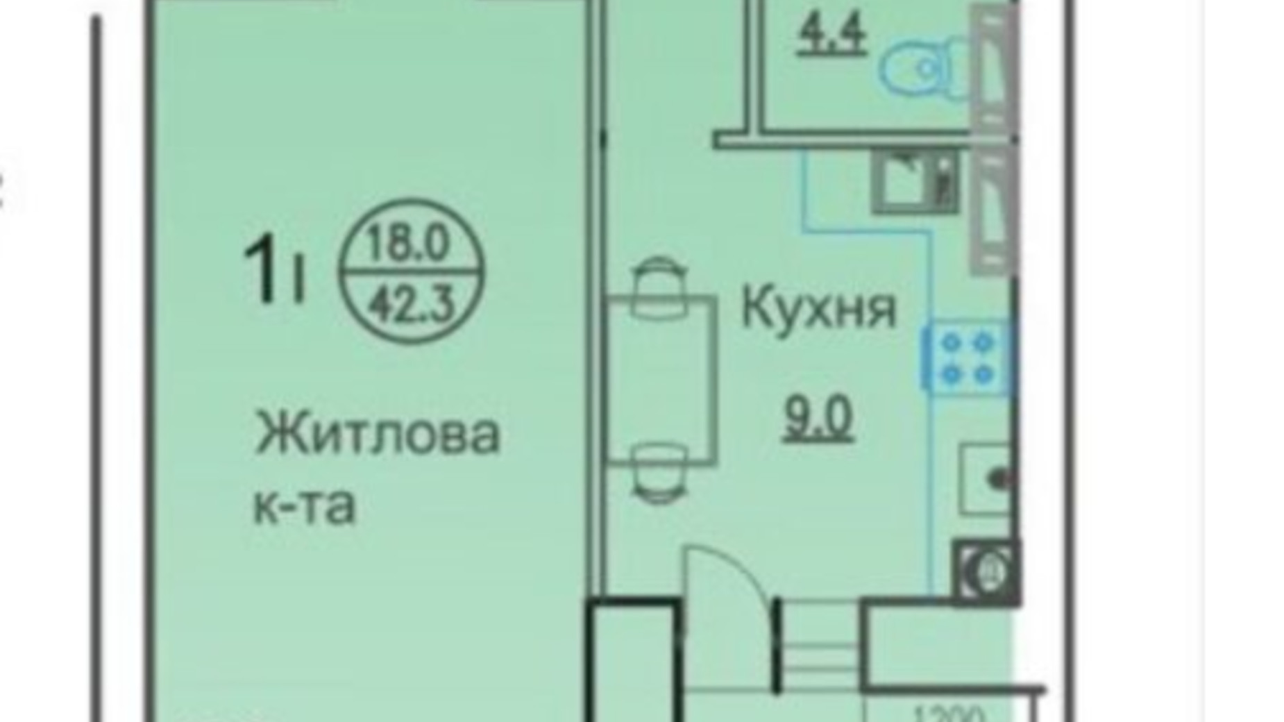 Планування 1-кімнатної квартири в ЖК Горизонт 42.3 м², фото 333725