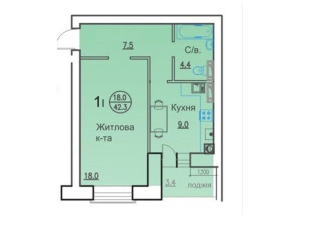 ЖК Горизонт: планування 1-кімнатної квартири 42.3 м²