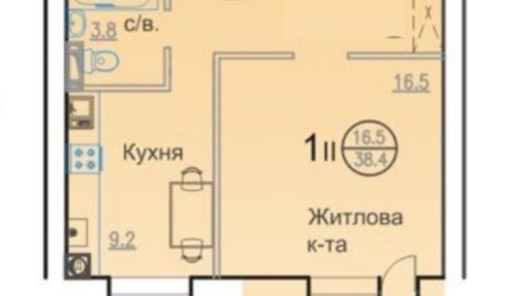 Планування 1-кімнатної квартири в ЖК Горизонт 38.4 м², фото 333726