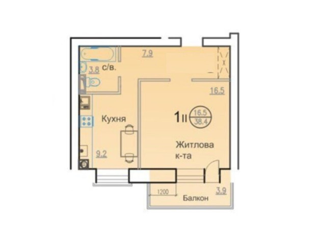 ЖК Горизонт: планування 1-кімнатної квартири 38.4 м²