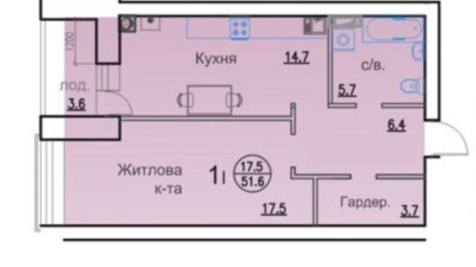 Планування 1-кімнатної квартири в ЖК Горизонт 51.6 м², фото 333727