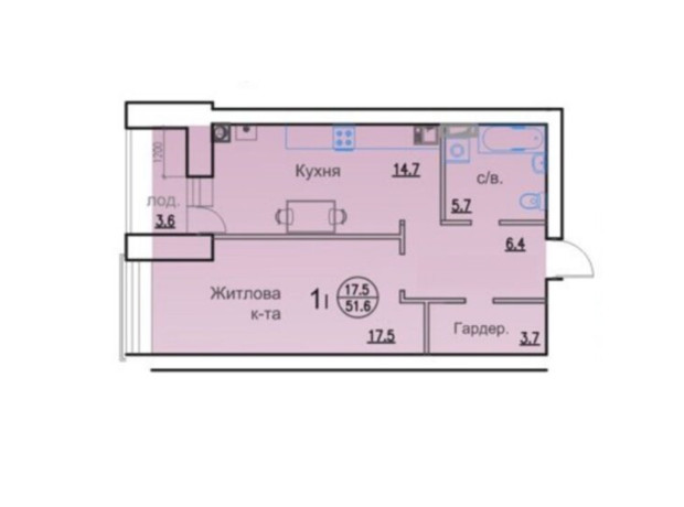 ЖК Горизонт: планування 1-кімнатної квартири 51.6 м²