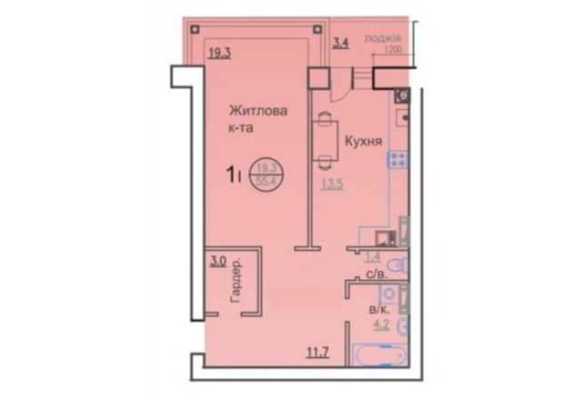 ЖК Горизонт: планировка 1-комнатной квартиры 55.4 м²