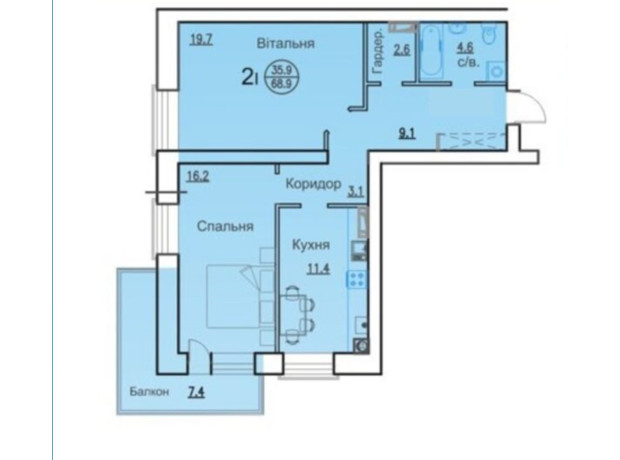 ЖК Горизонт: планировка 2-комнатной квартиры 68.9 м²