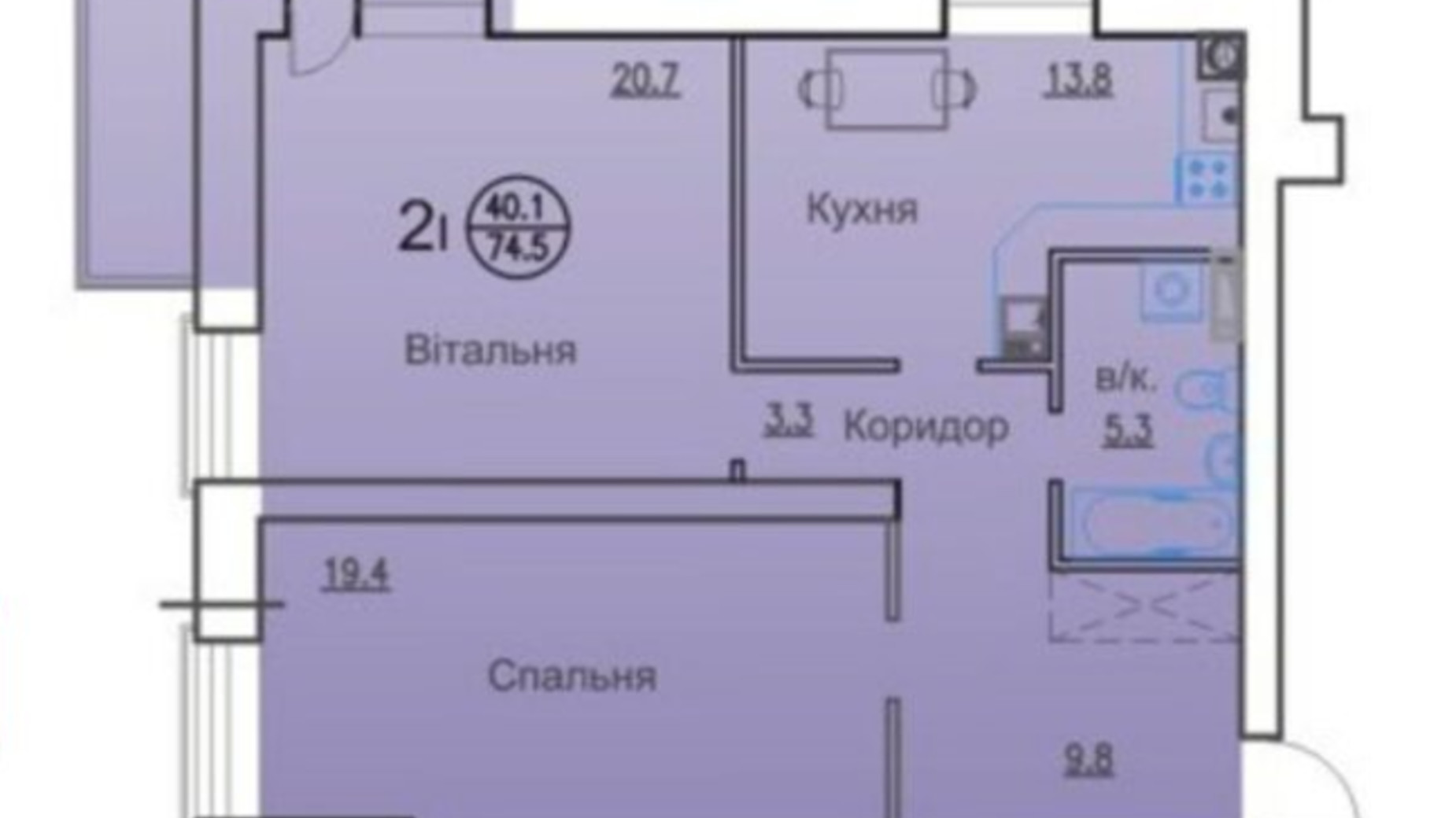 Планування 2-кімнатної квартири в ЖК Горизонт 74.5 м², фото 333742