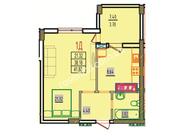 ЖК Розенталь: планування 1-кімнатної квартири 42.79 м²