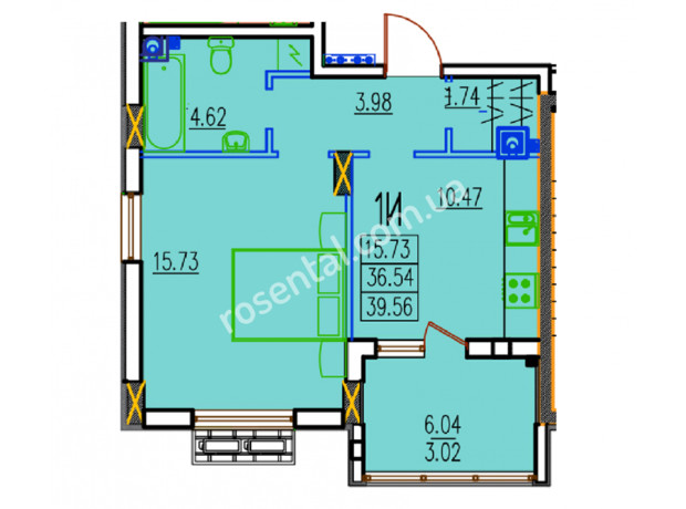 ЖК Розенталь: планування 1-кімнатної квартири 39.56 м²