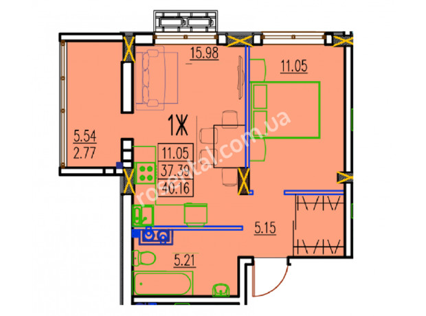 ЖК Розенталь: планування 1-кімнатної квартири 40.16 м²