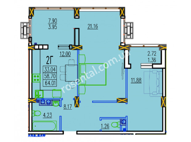 ЖК Розенталь: планировка 2-комнатной квартиры 64.01 м²