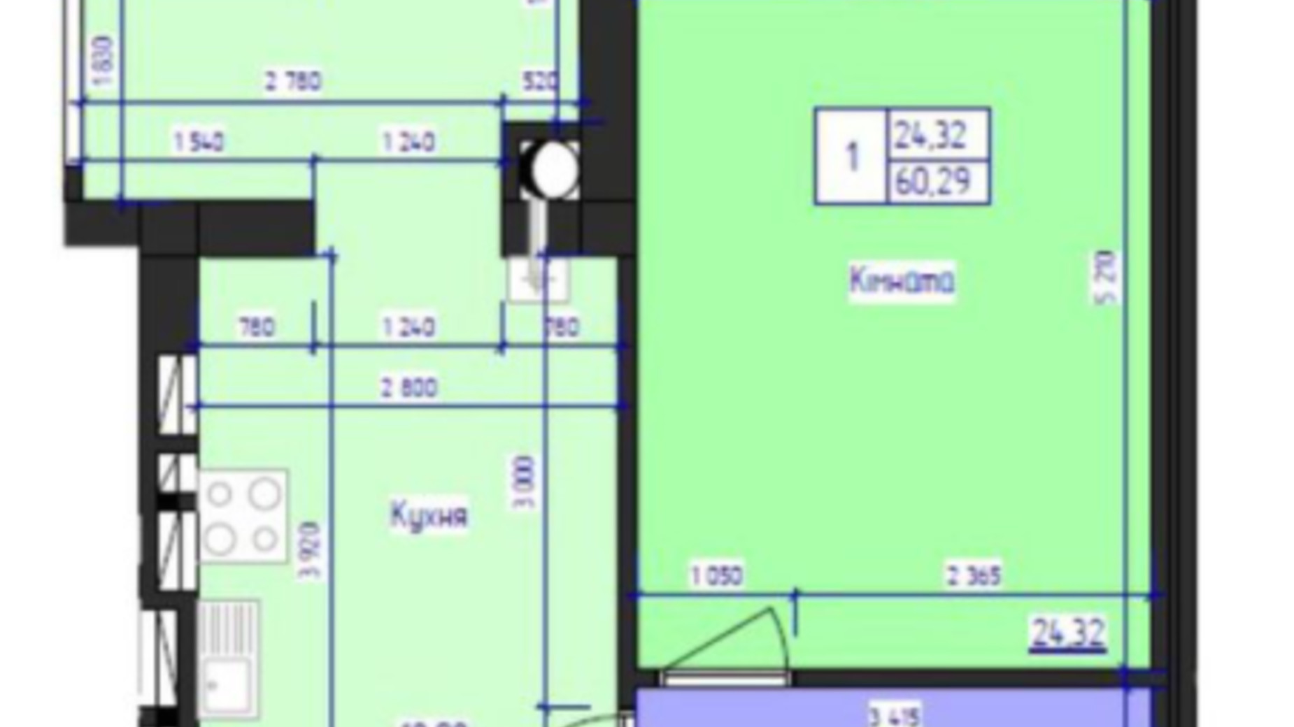 Планування 1-кімнатної квартири в ЖК Кришталеве Озеро 60.29 м², фото 333991