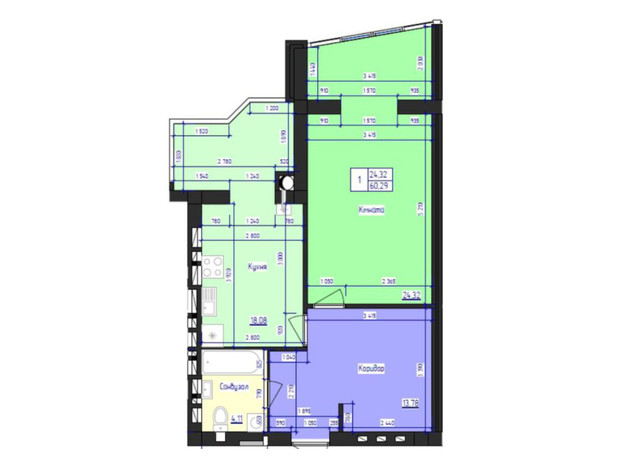 ЖК Кришталеве Озеро: планування 1-кімнатної квартири 60.29 м²