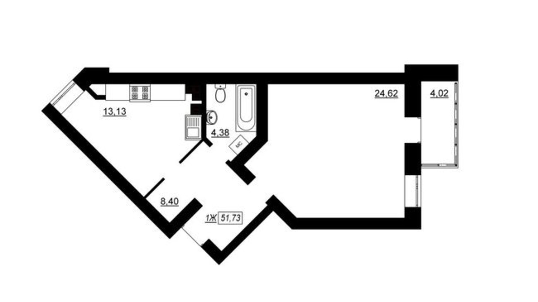 Планировка 1-комнатной квартиры в ЖК Комфорт 51.73 м², фото 334179
