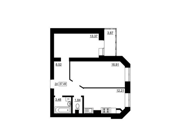 ЖК Гармонія-Комфорт: планування 1-кімнатної квартири 57.49 м²