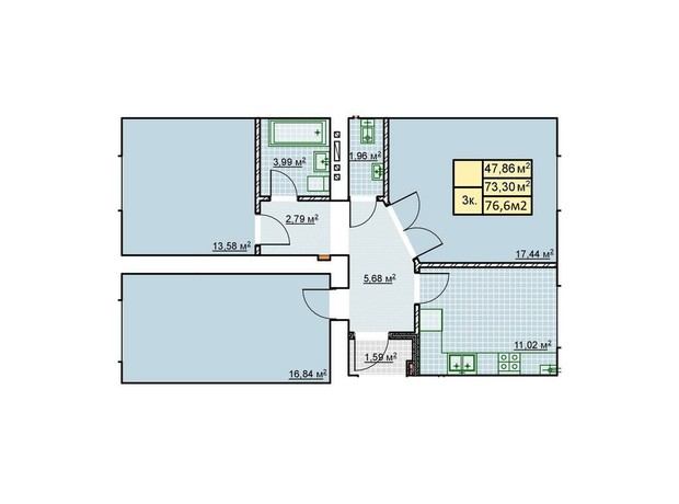 ЖК Millennium: планування 3-кімнатної квартири 76.6 м²