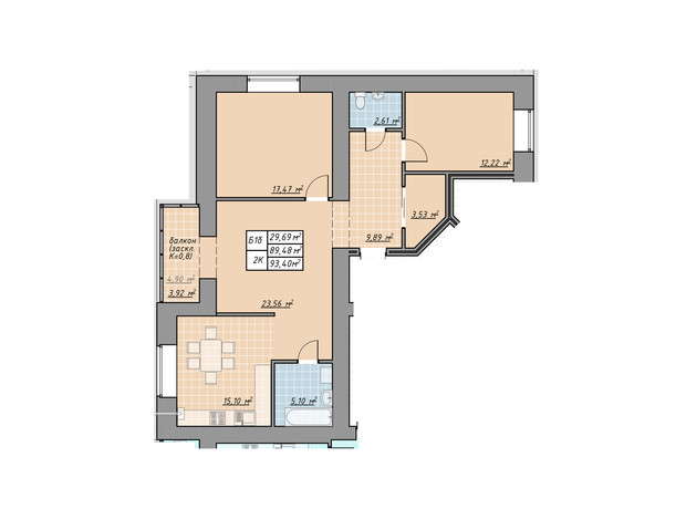 ЖК Millennium: планування 3-кімнатної квартири 93.4 м²