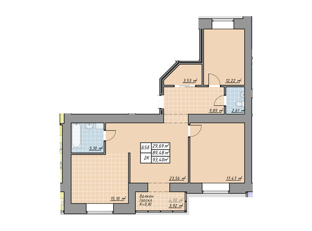ЖК Millennium: планування 2-кімнатної квартири 93.4 м²