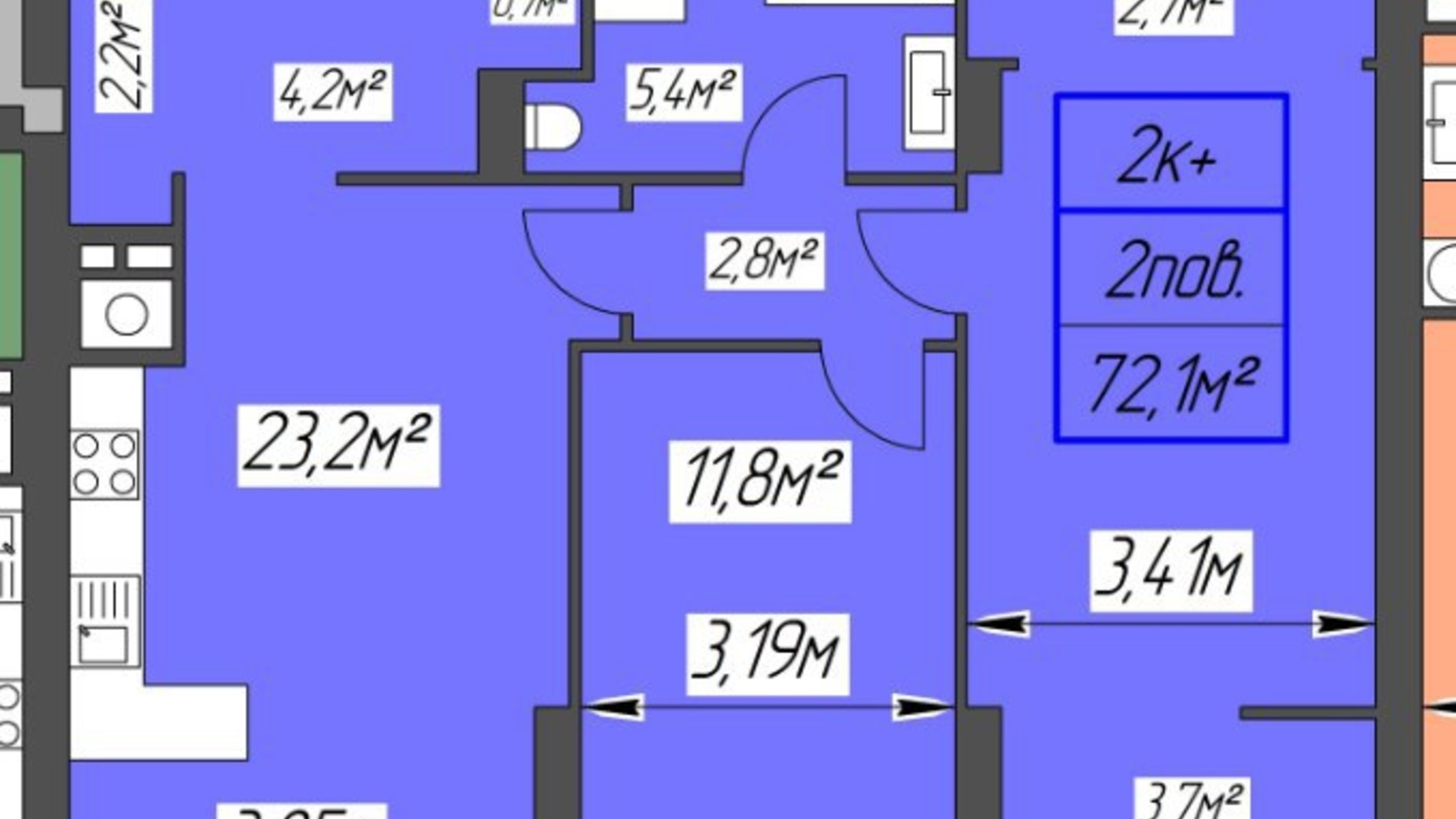 Планировка 2-комнатной квартиры в ЖК Millennium 72.1 м², фото 334258