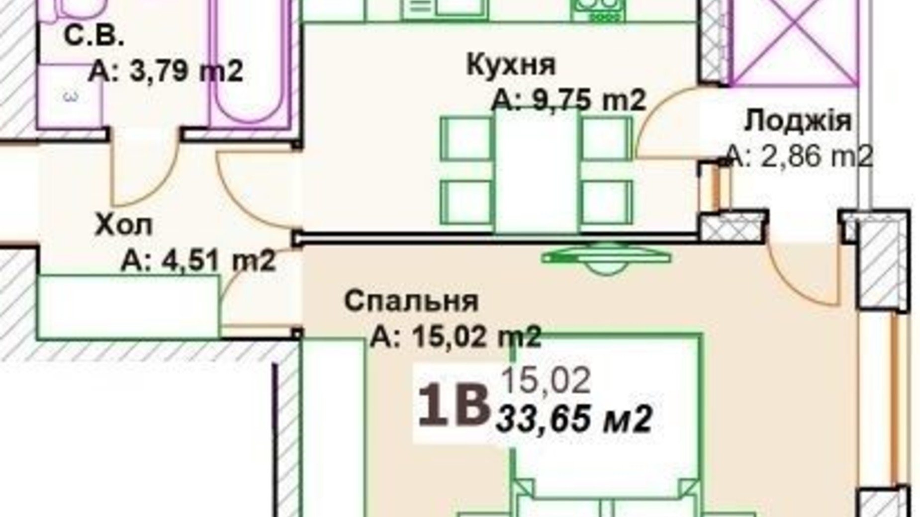 Планировка 1-комнатной квартиры в ЖК Премиальный 33 м², фото 334340