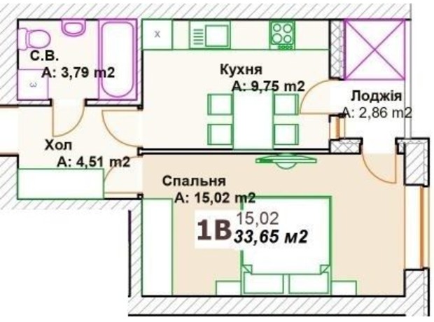 ЖК Премиальный: планировка 1-комнатной квартиры 33 м²