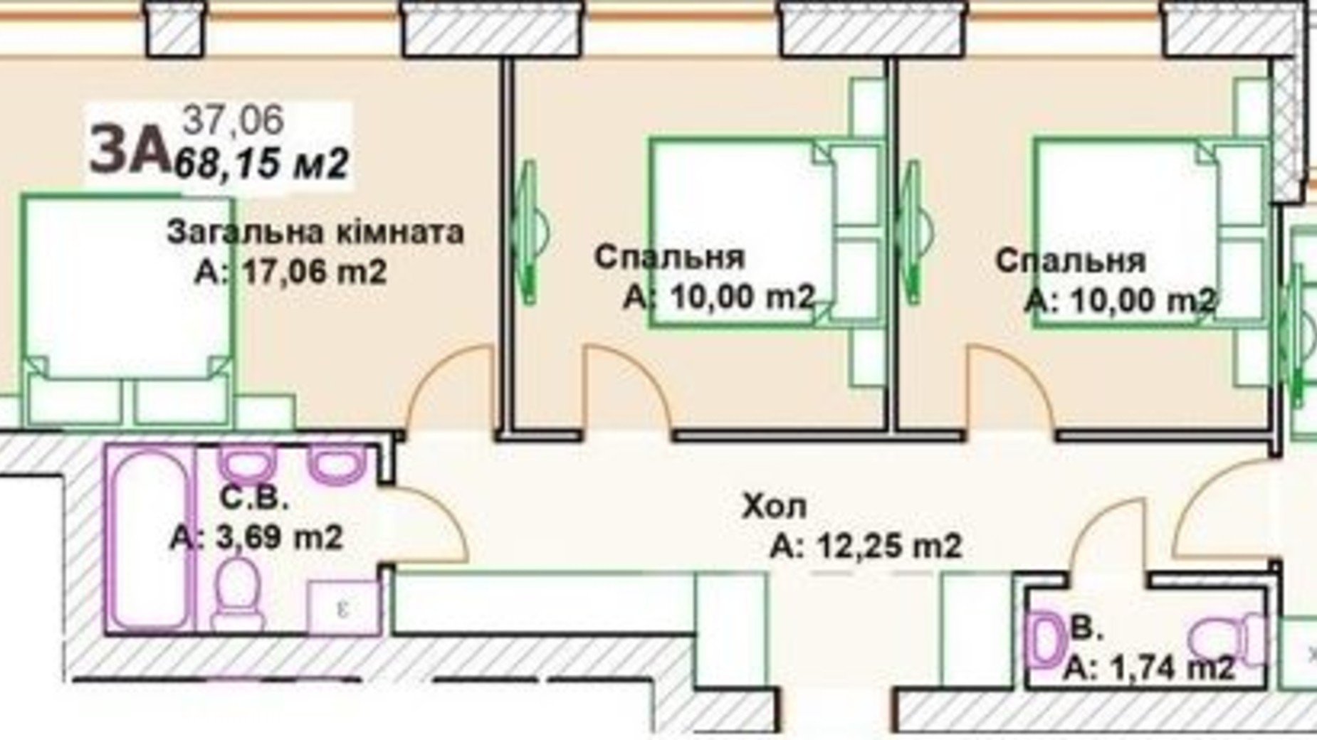 Планування 3-кімнатної квартири в ЖК Преміальний 70.6 м², фото 334349