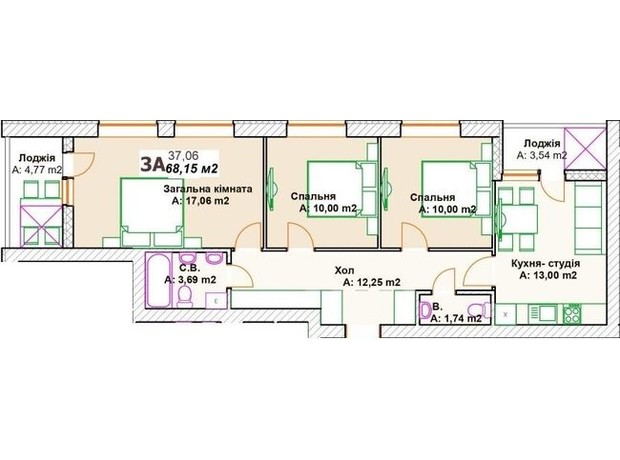 ЖК Премиальный: планировка 3-комнатной квартиры 70.6 м²