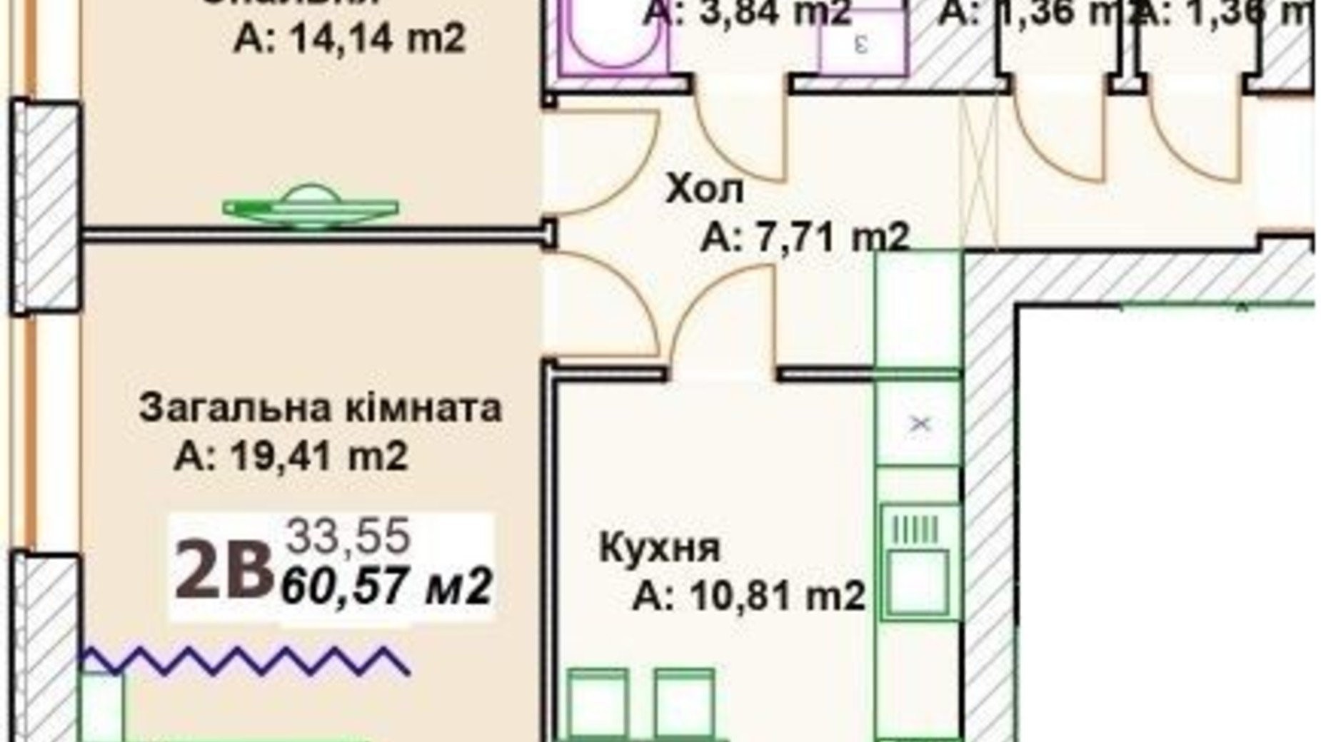 Планировка 2-комнатной квартиры в ЖК Премиальный 61.8 м², фото 334355