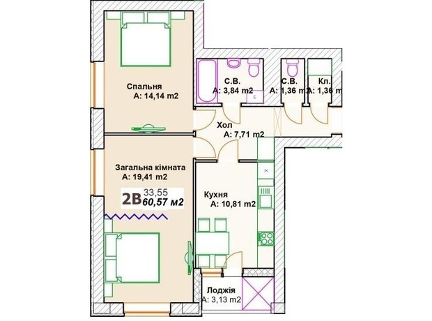 ЖК Премиальный: планировка 2-комнатной квартиры 61.8 м²