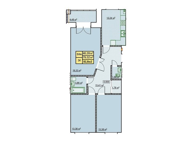 ЖК Millennium: планировка 3-комнатной квартиры 82.8 м²