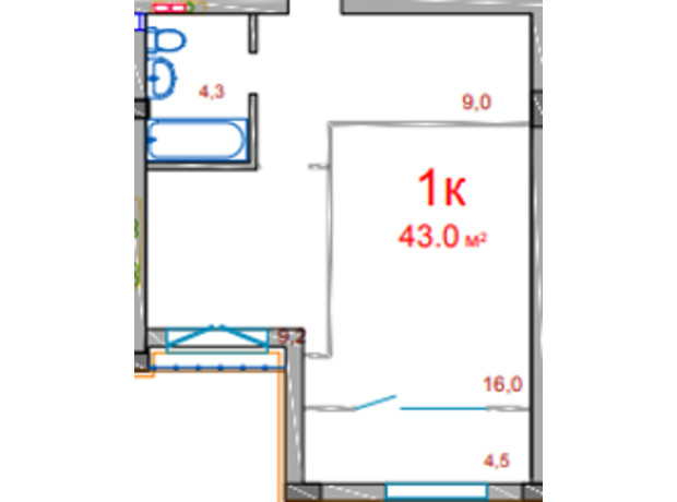 ЖК Нобель: планировка 1-комнатной квартиры 43 м²