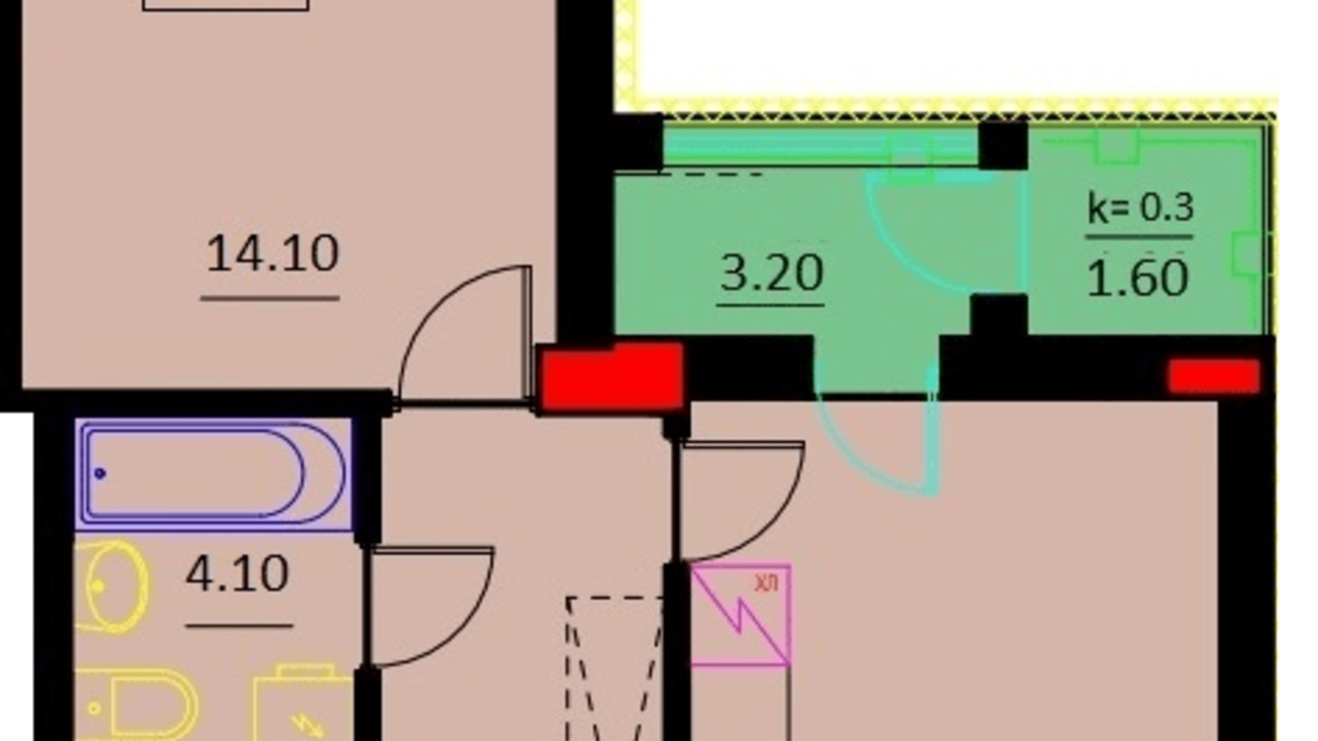 Планировка 1-комнатной квартиры в ЖК Шевченко 44.8 м², фото 334938