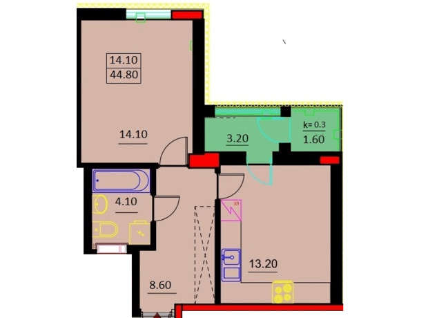 ЖК Шевченко: планування 1-кімнатної квартири 44.8 м²