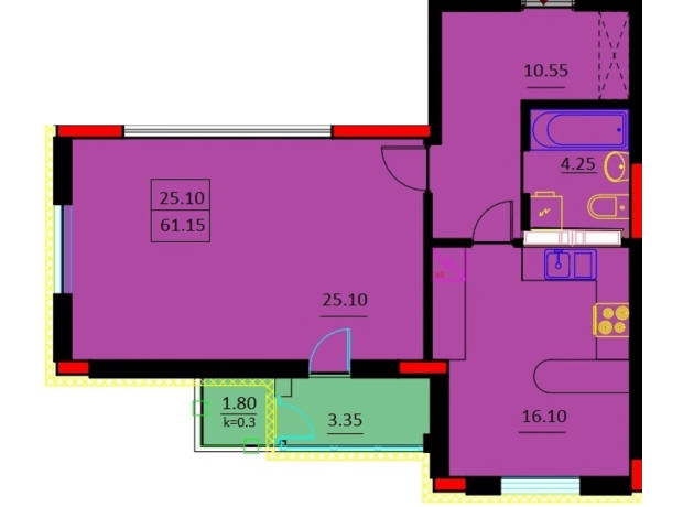 ЖК Шевченко: планировка 1-комнатной квартиры 61.15 м²