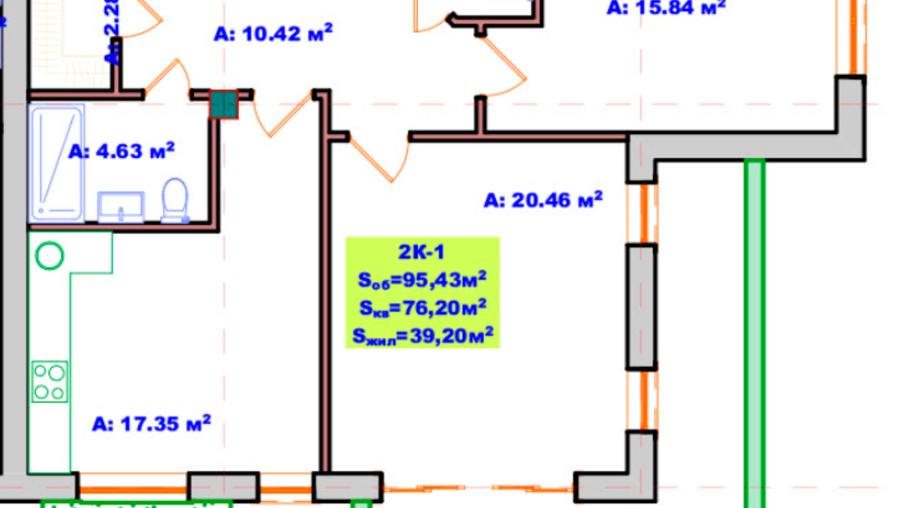 Планування 2-кімнатної квартири в ЖК Dream House 95.43 м², фото 335016