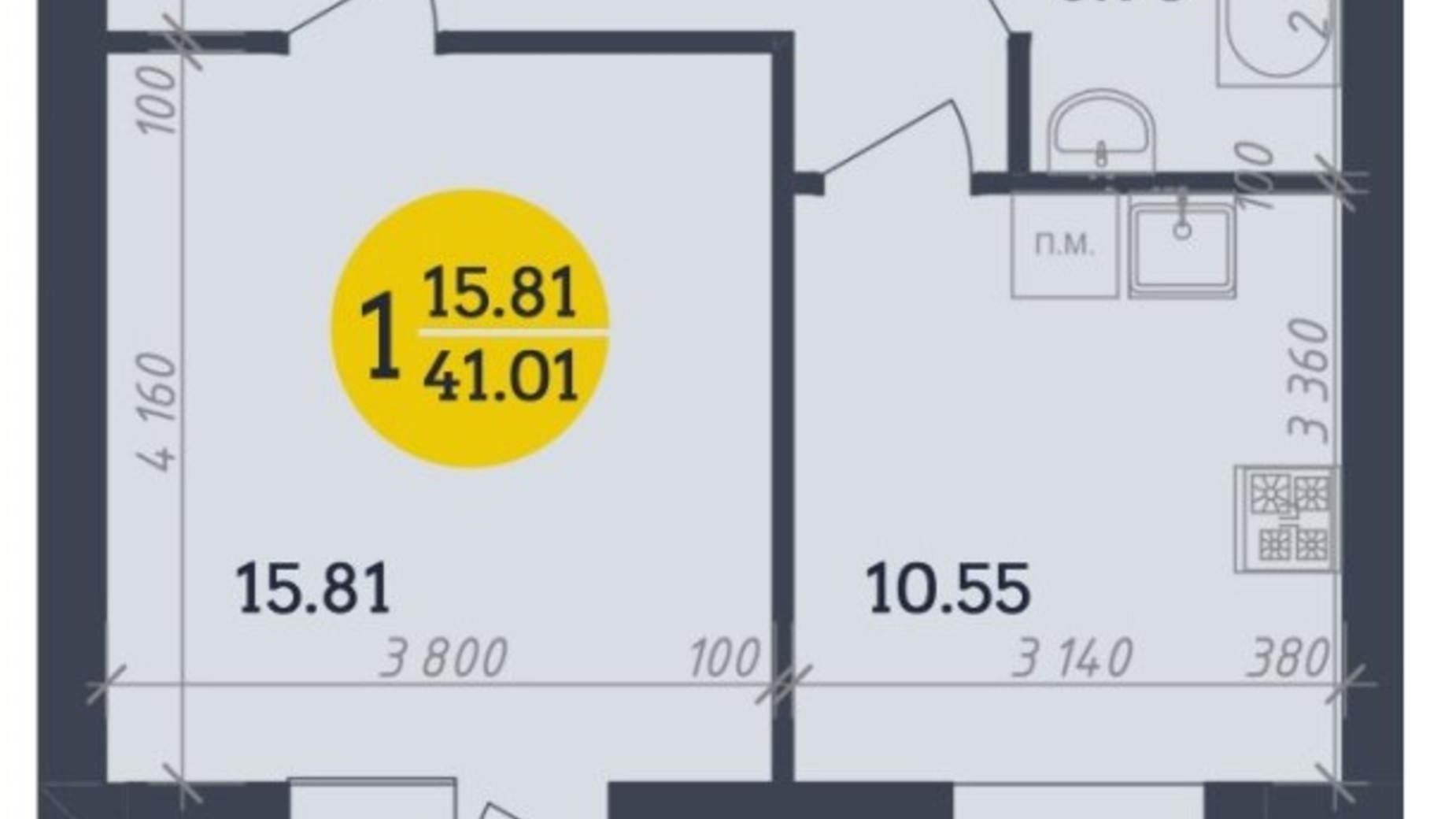 Планування 1-кімнатної квартири в ЖК Династія 41.01 м², фото 335040