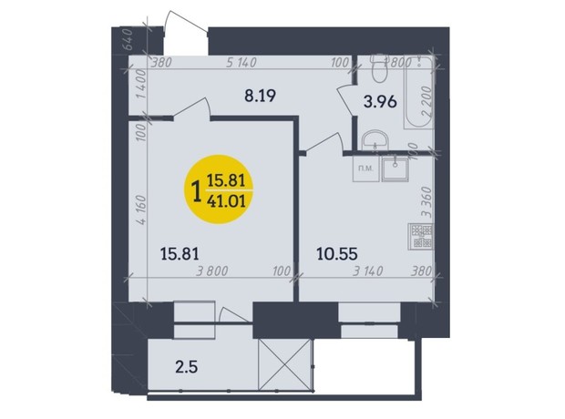 ЖК Династия: планировка 1-комнатной квартиры 41.01 м²