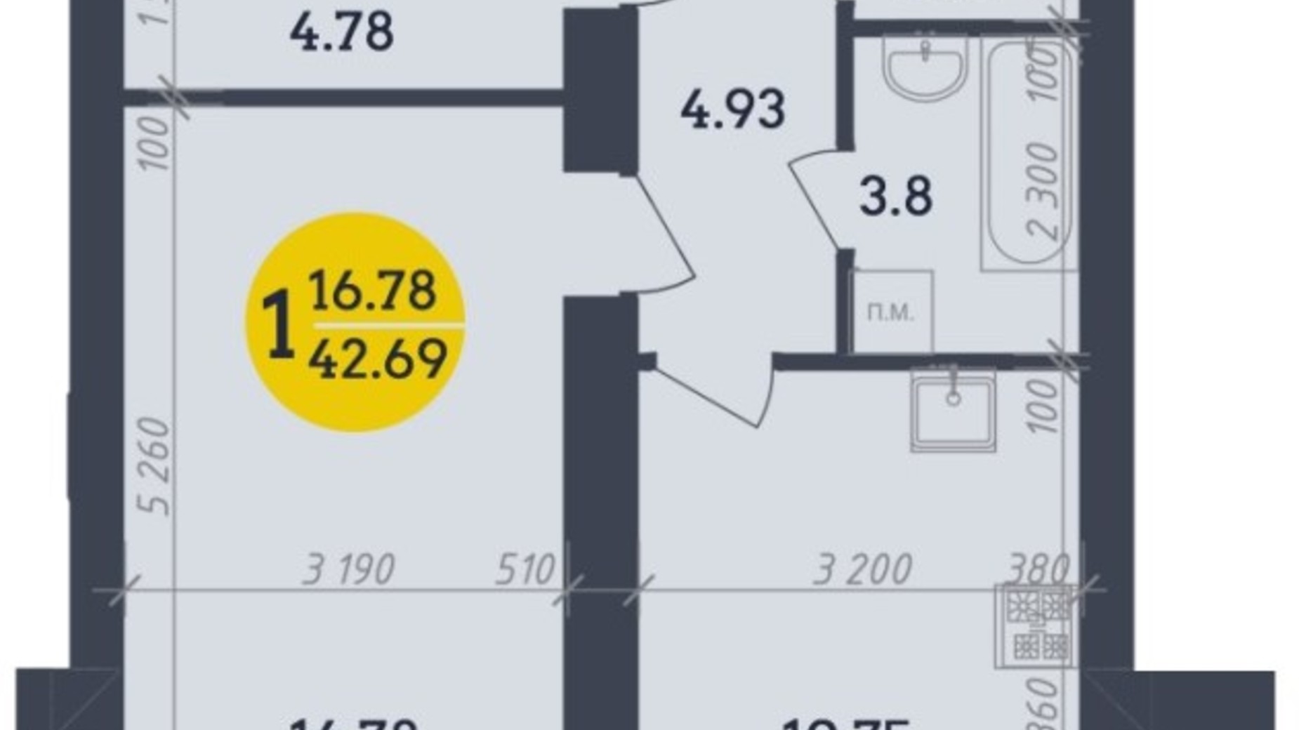 Планування 1-кімнатної квартири в ЖК Династія 42.69 м², фото 335043