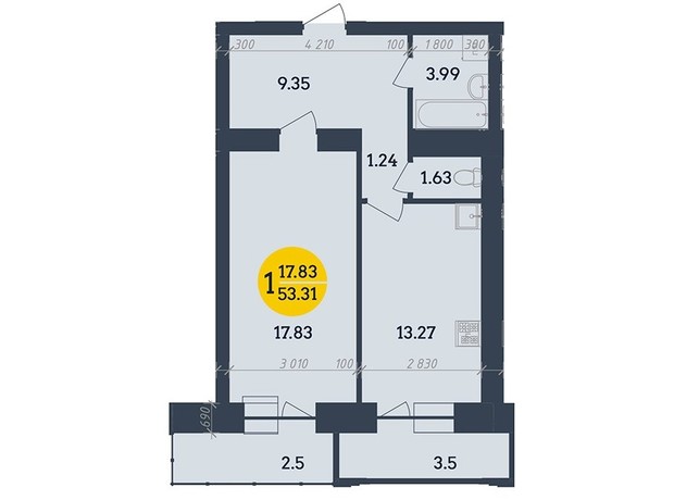 ЖК Династия: планировка 1-комнатной квартиры 53.31 м²