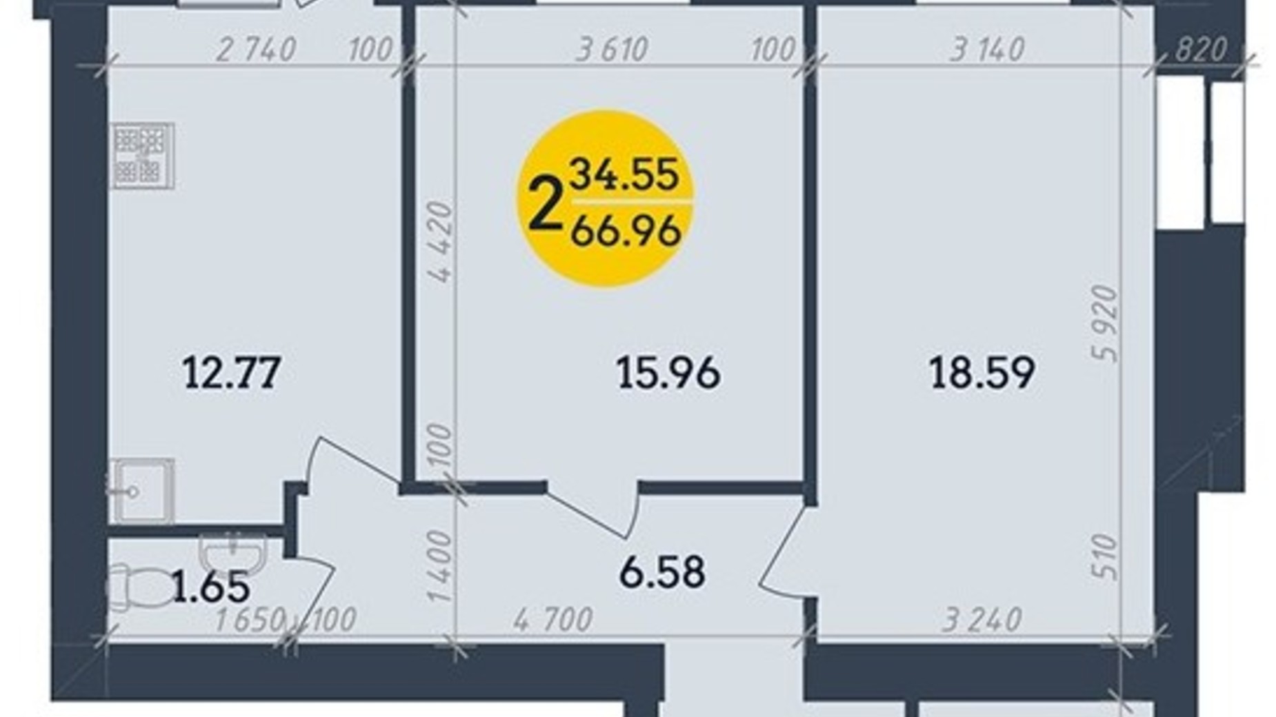 Планування 2-кімнатної квартири в ЖК Династія 66.96 м², фото 335062