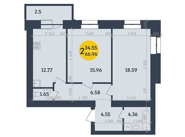 ЖК Династия: планировка 2-комнатной квартиры 66.96 м²