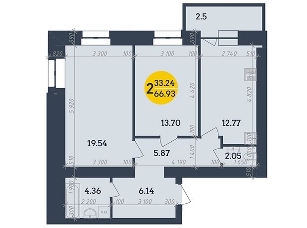 ЖК Династия: планировка 2-комнатной квартиры 66.93 м²