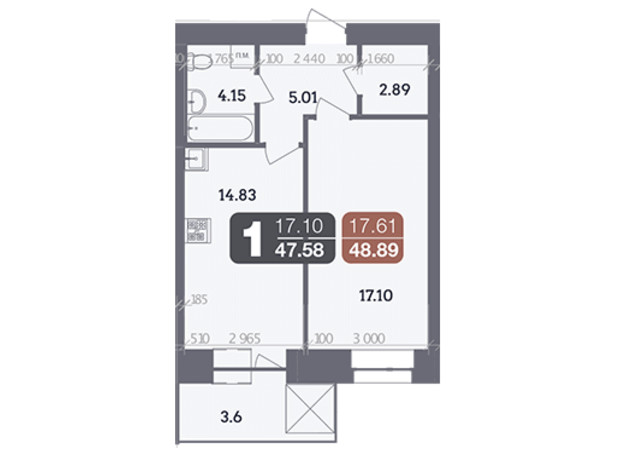 ЖК Стандарт: планування 1-кімнатної квартири 47.58 м²