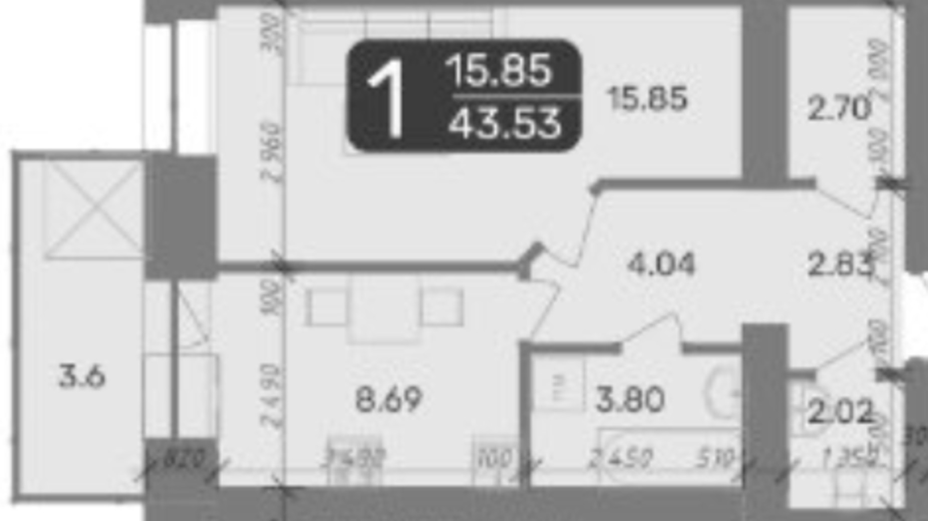 Планування 1-кімнатної квартири в ЖК Стандарт 44.82 м², фото 335069