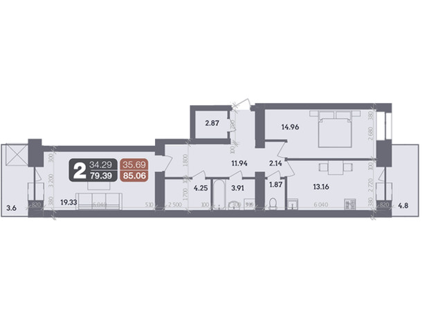 ЖК Стандарт: планування 2-кімнатної квартири 79.39 м²