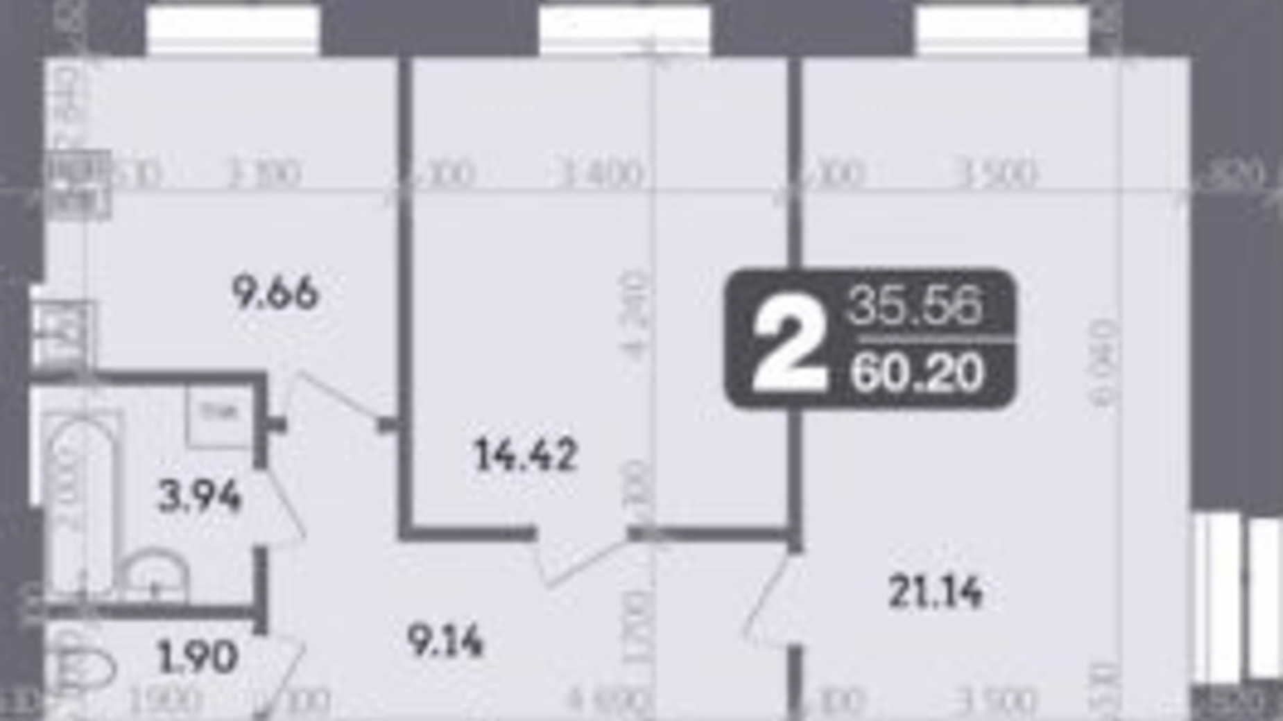 Планировка 2-комнатной квартиры в ЖК Стандарт 60.2 м², фото 335078