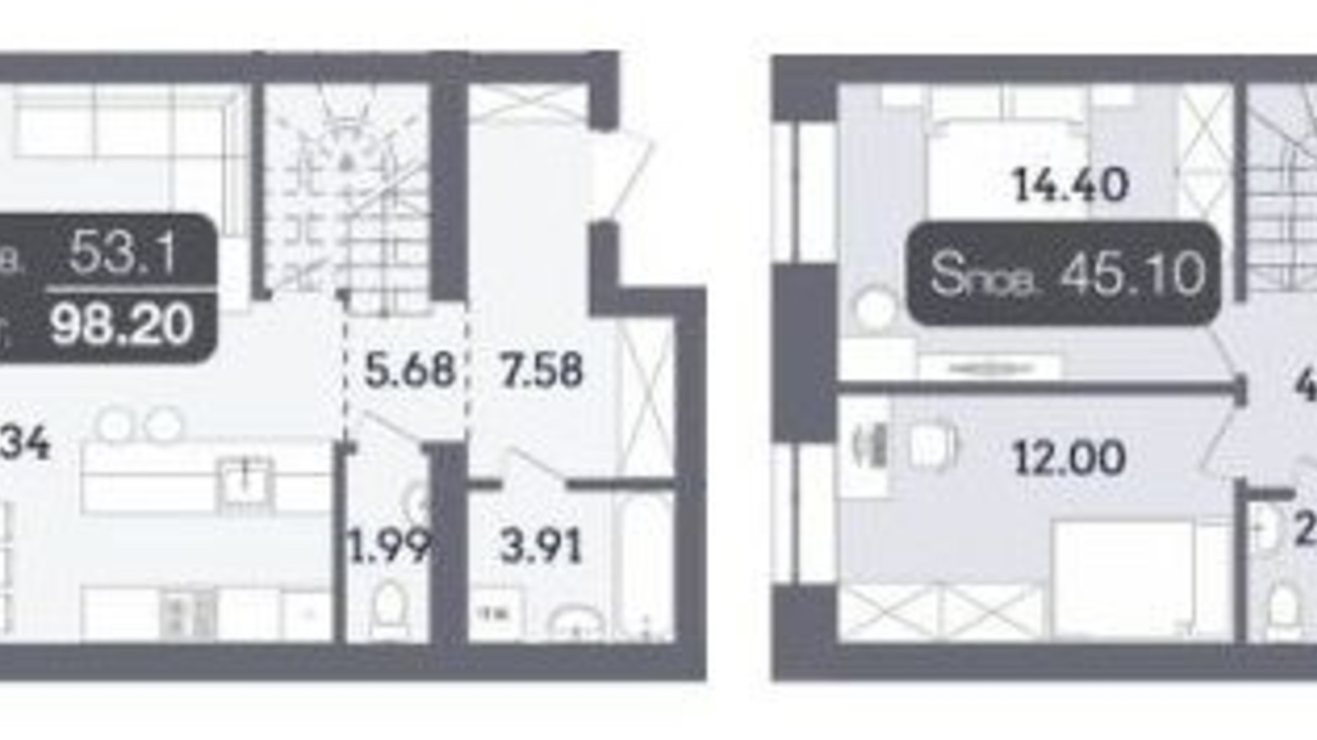 Планировка много­уровневой квартиры в ЖК Стандарт 98.2 м², фото 335079