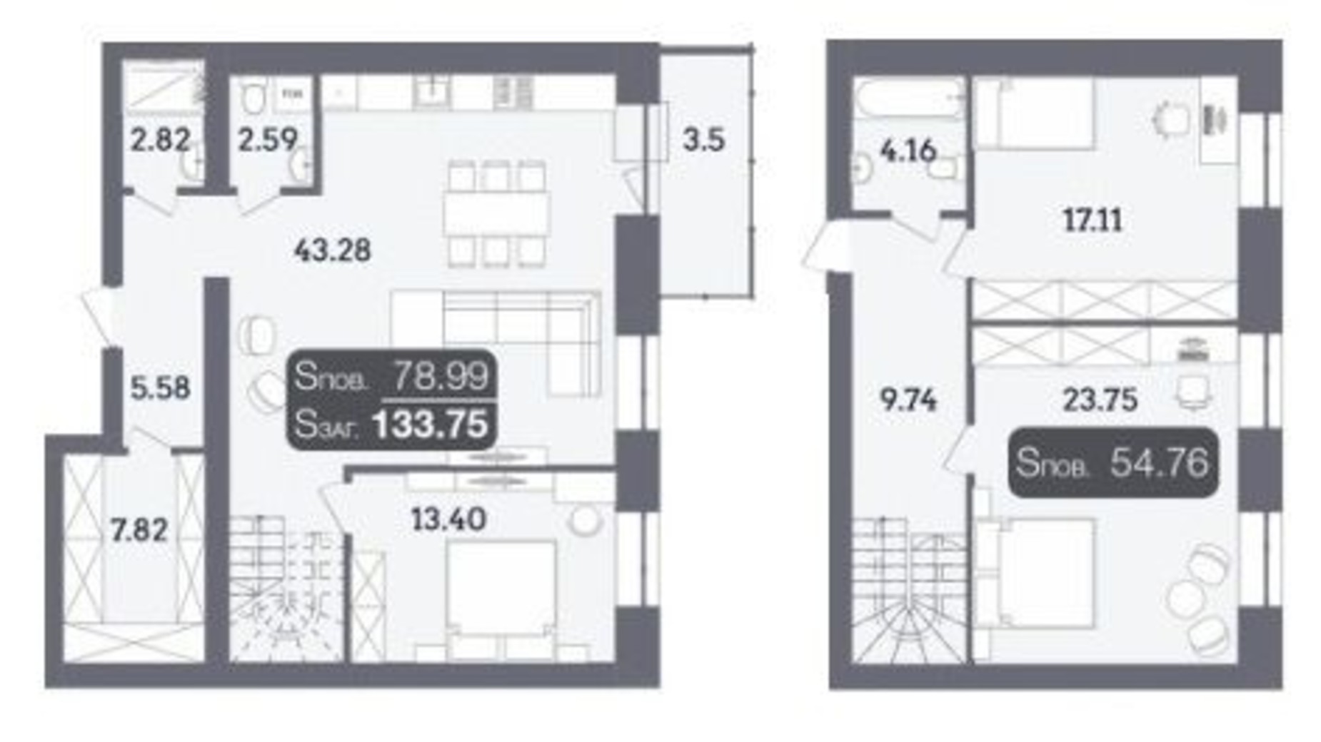 Планировка много­уровневой квартиры в ЖК Стандарт 133.75 м², фото 335080