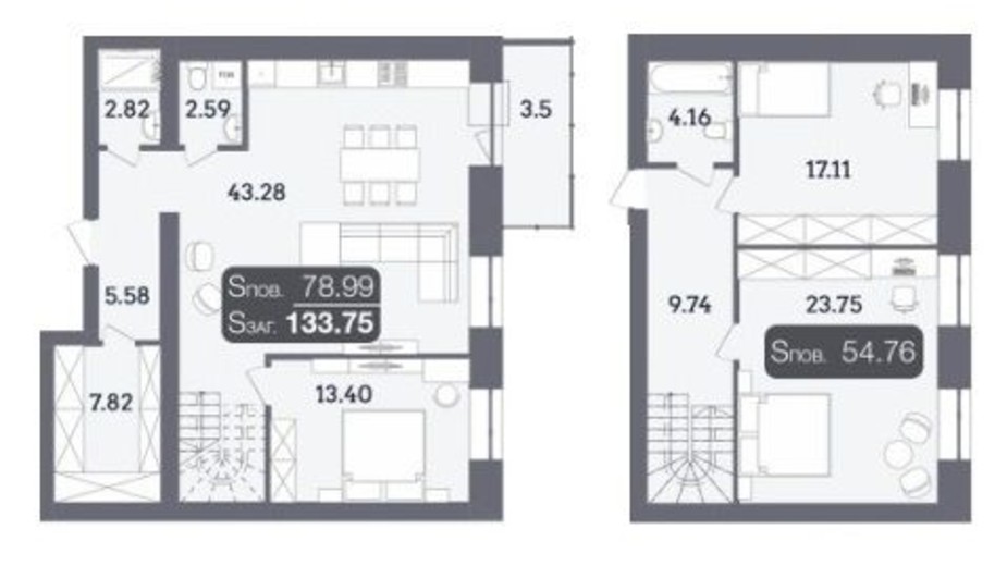 Планировка много­уровневой квартиры в ЖК Стандарт 133.75 м², фото 335080