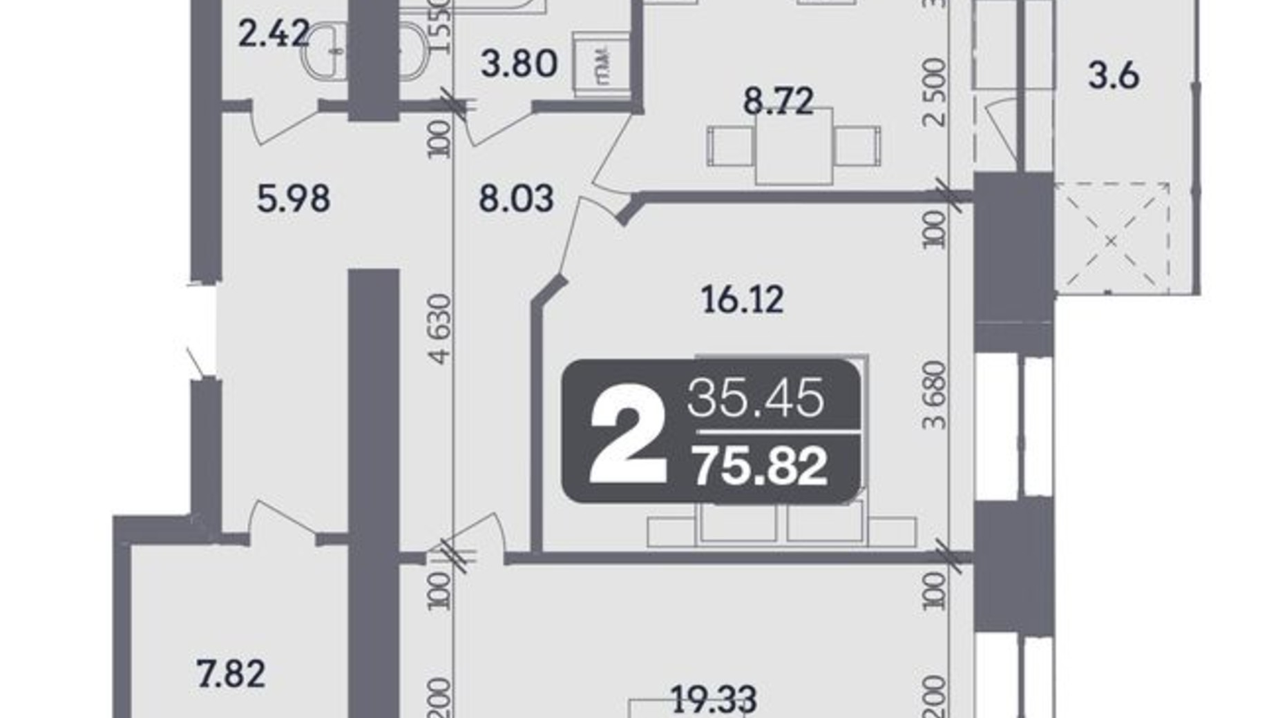 Планування 2-кімнатної квартири в ЖК Стандарт 75.82 м², фото 335081
