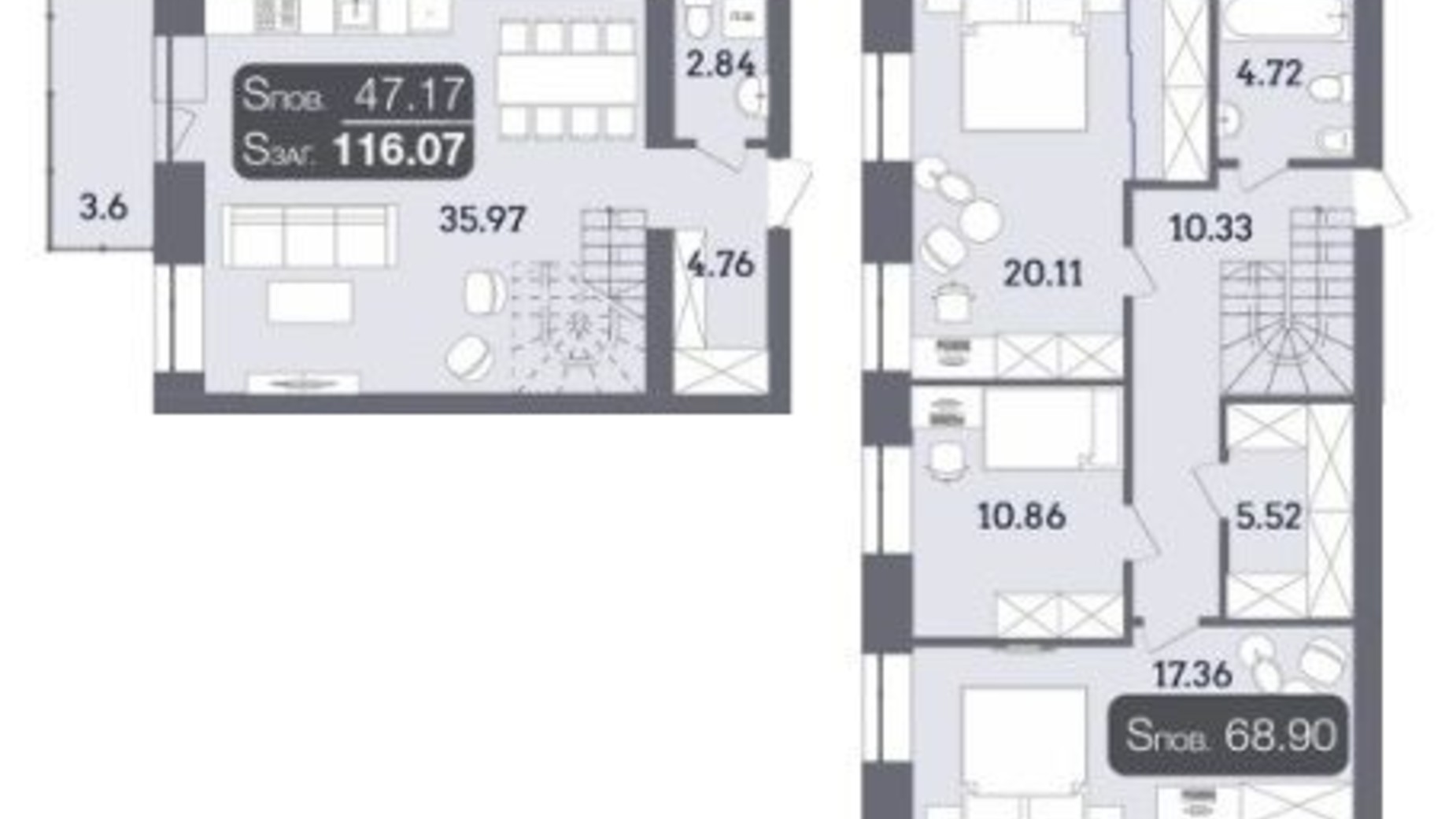 Планировка много­уровневой квартиры в ЖК Стандарт 116.07 м², фото 335082